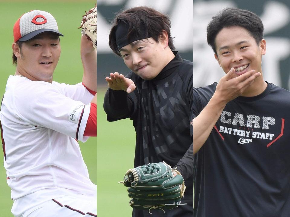 　キャッチボールをする床田（左）、大瀬良（中）、笑顔で練習に臨んだ玉村（撮影・市尻達拡）