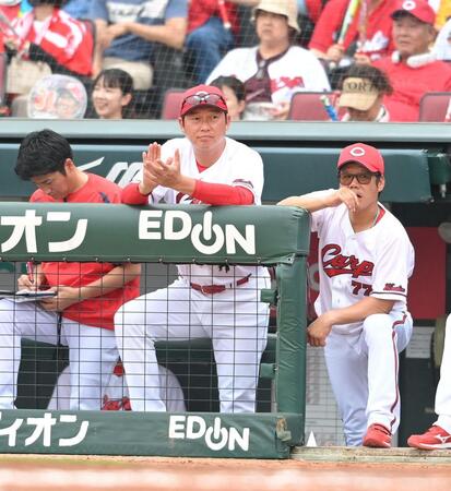 　ベンチで手を叩く新井監督（撮影・市尻達拡）