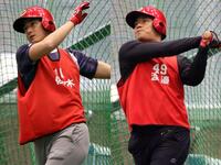 　フリー打撃で快音を響かせる佐々木（左）と渡辺