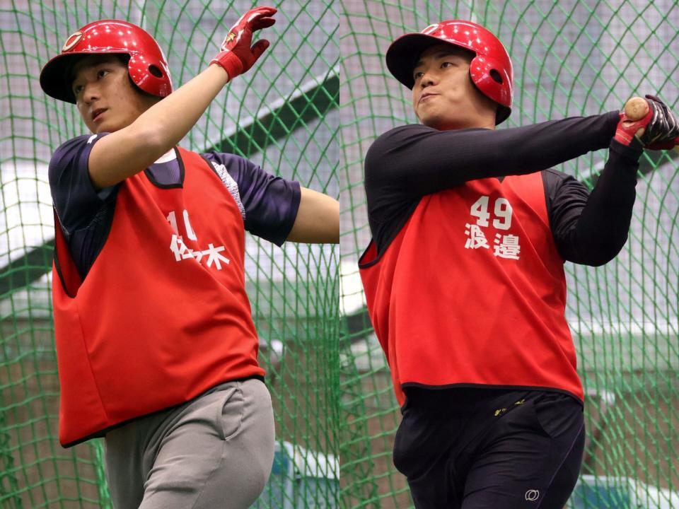 　フリー打撃で快音を響かせる佐々木（左）と渡辺