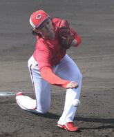 　シート打撃登板で打者５人を無安打に封じた鈴木（撮影・市尻達拡）