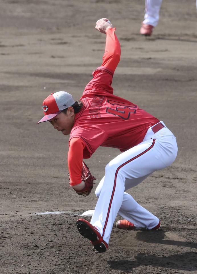 　シート打撃登板で打者５人を無安打に封じた鈴木（撮影・市尻達拡）