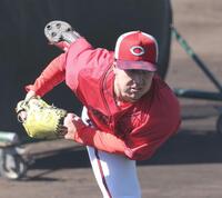 　フリー打撃に登板し、力投する佐藤柳（撮影・市尻達拡）