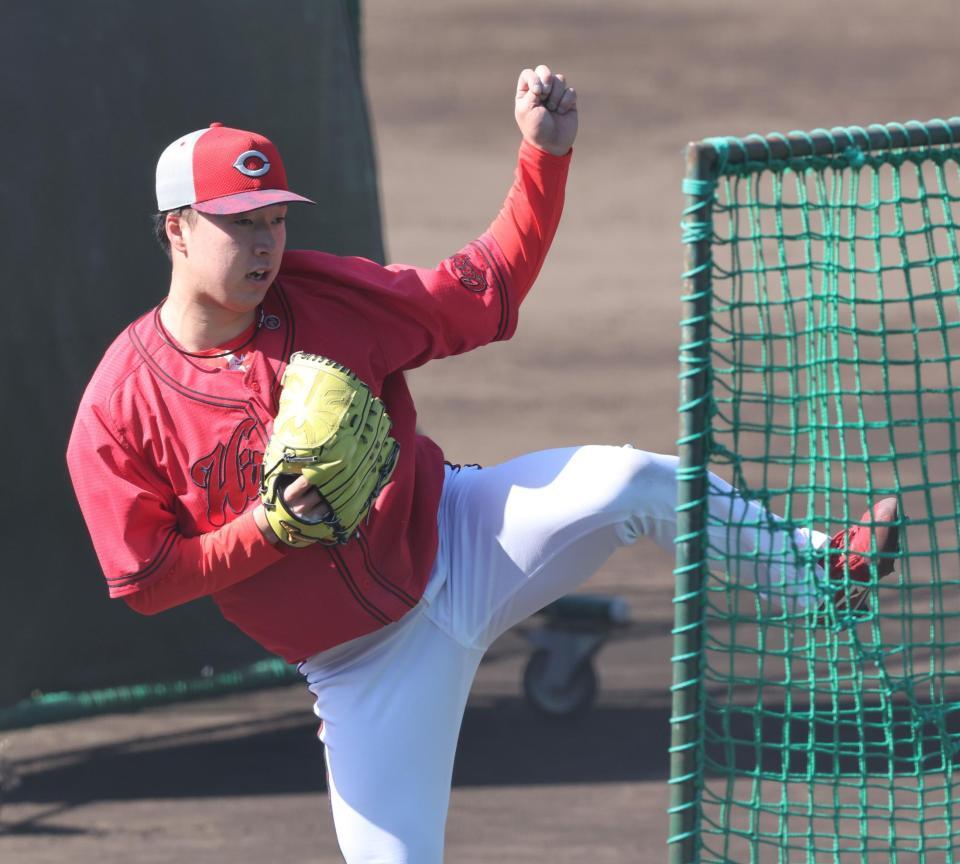 　フリー打撃に登板し、力投する佐藤柳（撮影・市尻達拡）