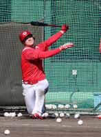 　フリー打撃で、力強いスイングを見せる佐々木（撮影・市尻達拡）