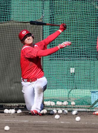 　フリー打撃で、力強いスイングを見せる佐々木（撮影・市尻達拡）