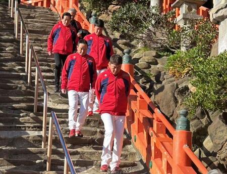 　鵜戸神宮を訪れた（前から）新井監督、高２軍監督、堂林、鈴木球団本部長