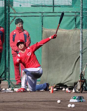 　フリー打撃で、力強いスイングを見せる佐々木（撮影・市尻達拡）
