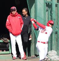 　紅白戦を見つめる新井監督（左）＝撮影・市尻達拡