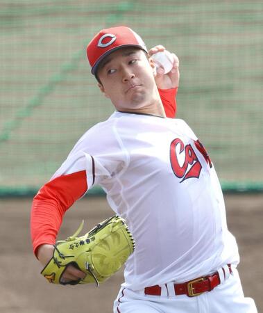 シート打撃で力投する佐藤柳（撮影・山口登）