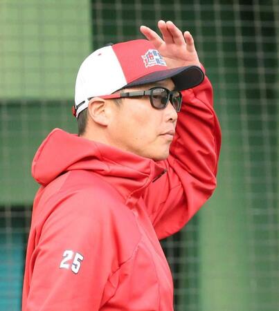 　選手交代を告げる新井監督（撮影・市尻達拡）