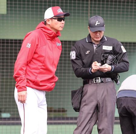 　選手交代を告げる新井監督（撮影・市尻達拡）