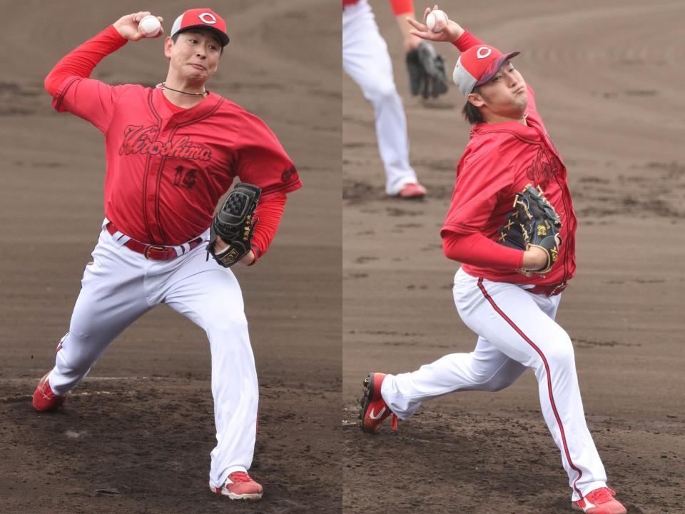 　シート打撃に登板し力投する大瀬良（左）と床田（撮影・市尻達拡）