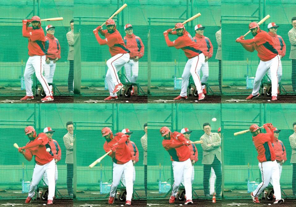 広島・ファビアンの打撃連続写真（上段左①～④、下段左⑤～⑧）