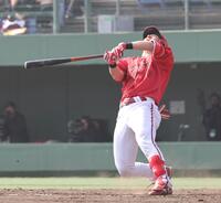 　４回、フルスイングで一飛に倒れる佐々木（撮影・市尻達拡）