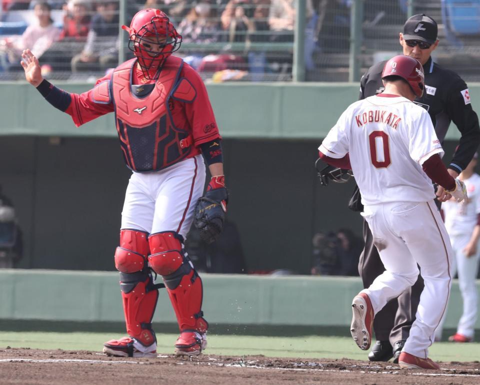 　１回、小深田の生還を確認する坂倉＝１日、楽天戦