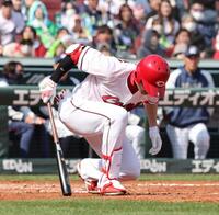 　右膝付近への死球で痛がる秋山（撮影・市尻達拡）