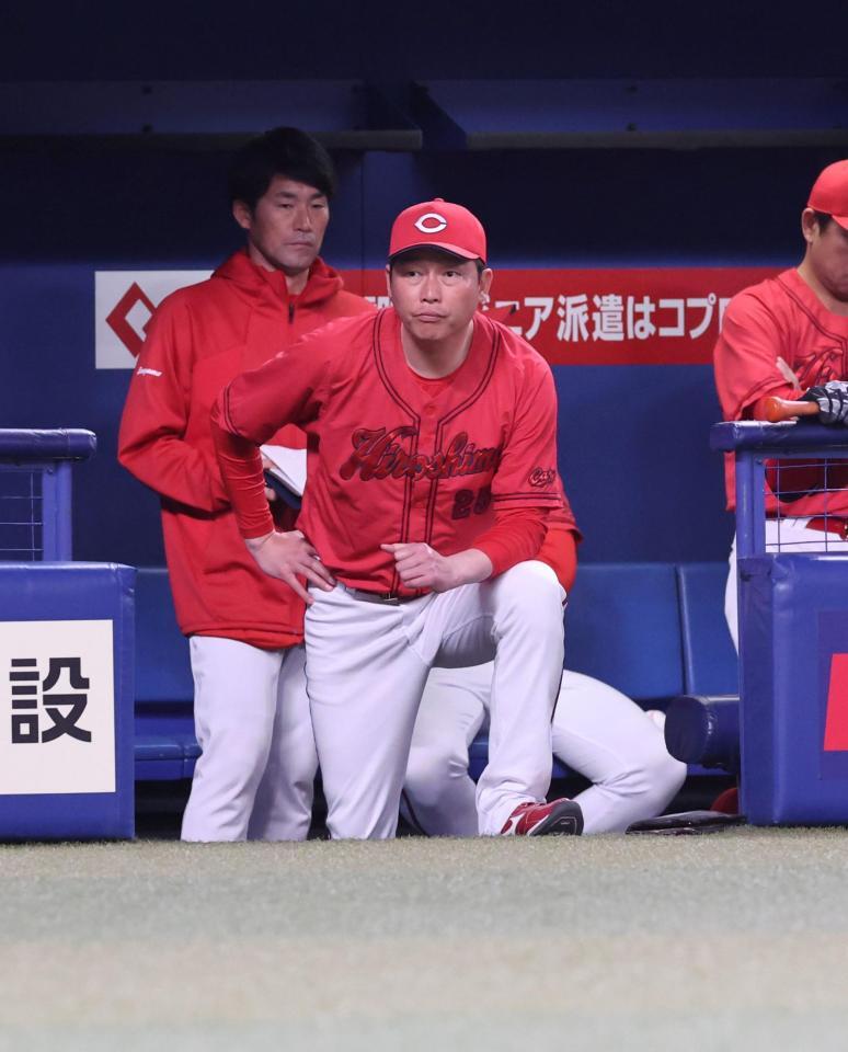 　９回、ベンチからグランドを見つめる新井監督（撮影・市尻達拡）