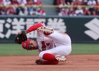 　９回、中山の打球を好捕する矢野（撮影・市尻達拡）