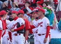 　巨人に３連勝し、ナインを出迎える新井監督（撮影・市尻達拡）