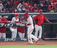 　６回、三本間に挟まれ、タッチアウトになりベンチに戻る会沢。後方は新井監督（撮影・市尻達拡）