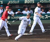 　６回、左中間に二塁打を放つ近本（撮影・山口登）