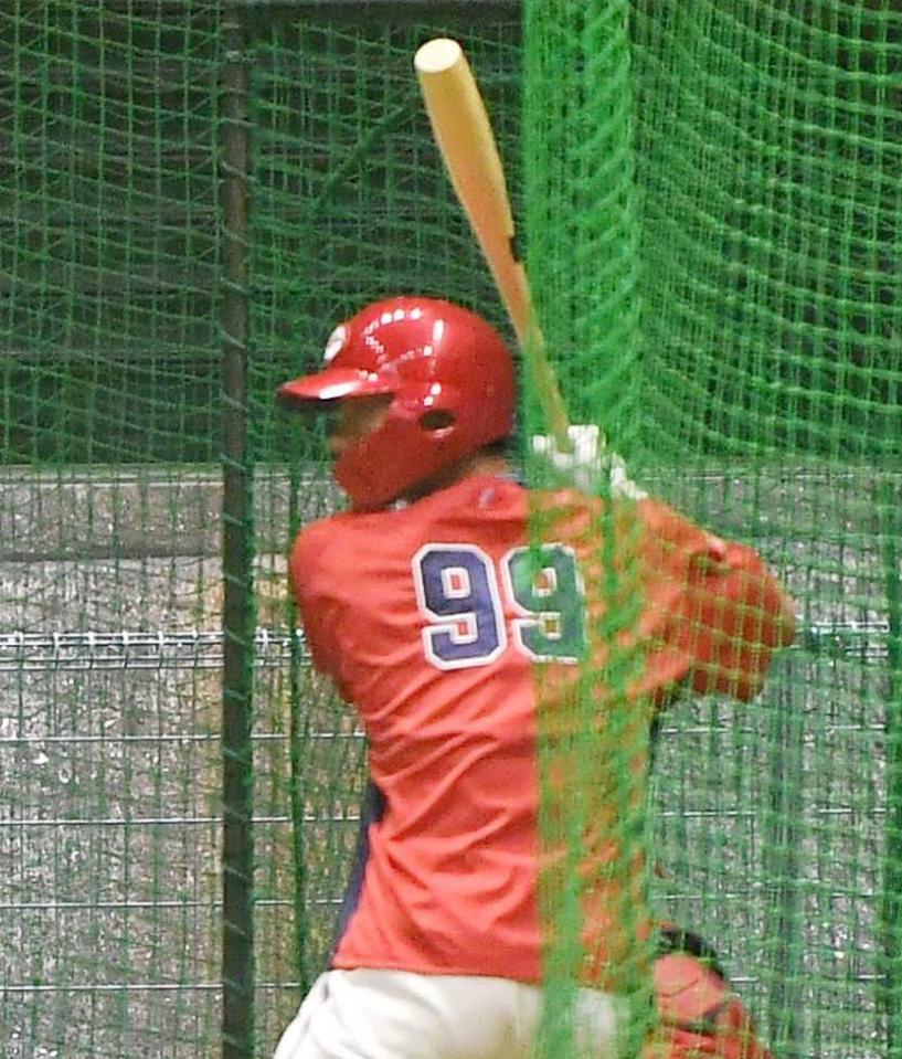 　魚雷バットでフリー打撃を行う（撮影・向亮祐）