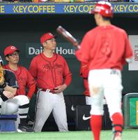 　６回、グラウンドを見つめる新井監督（撮影・西岡正）