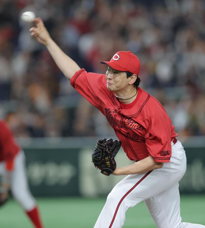 　巨人打線を相手に力投する大瀬良（撮影・西岡正）