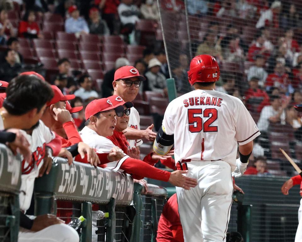 １２回、左前打を放った末包（５２）を出迎える新井監督（中央）＝撮影・市尻達拡