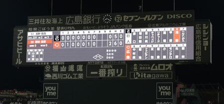 　８回、栗林の登板を記すスコアボード（撮影・市尻達拡）