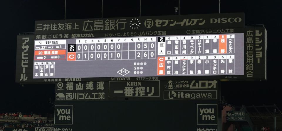 　８回、栗林の登板を記すスコアボード（撮影・市尻達拡）