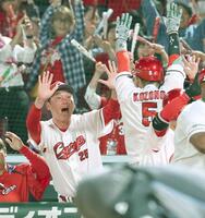 　小園（５）を興奮した表情で迎える新井監督（撮影・市尻達拡）