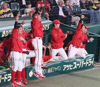 　９回、勝ち越しに成功し喜ぶ広島ナイン（撮影・北村雅宏）