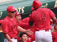 　８回、２ランを放ったモンテロ（９５）を迎える新井監督（中央）＝撮影・立川洋一郎