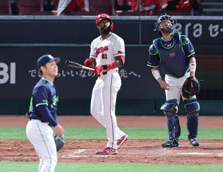 　５回、左翼へ会心の当たりを放ち、サク越えを確信するファビアンだったが…（撮影・市尻達拡）