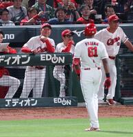 　５回、ファビアン（６１）の会心の当たりが風で戻されて左飛となり、悔しそうな表情の新井監督（左端）＝撮影・市尻達拡