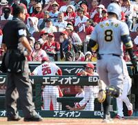 　８回、佐藤輝（手前右）の３ランでがっくりする新井監督（撮影・田中太一）