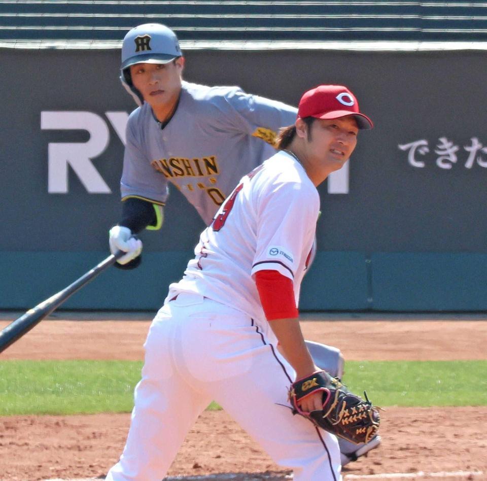 　木浪に先制二塁打を打たれる床田（撮影・北村雅宏）