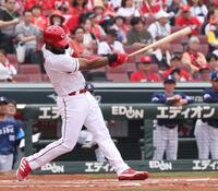 　１回、左越えソロを放つファビアン（撮影・市尻達拡）