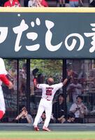 　２回、長谷川の打球に対し、フェンスを恐れず捕球しにいくファビアン（撮影・市尻達拡）
