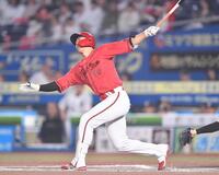 ６回、空振り三振に倒れる中村奨（撮影・開出牧）