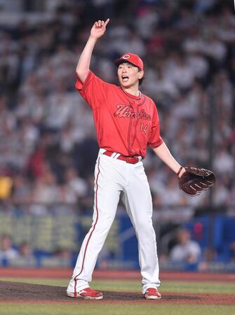 　６回、寺地を三飛に打ち取った大瀬良（撮影・開出牧）