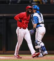 　７回、死球を受けるファビアン（撮影・中島達哉）