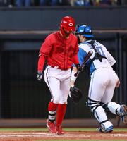 　５回、見逃し三振に倒れる矢野（撮影・中島達哉）