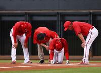 　１回、死球を受け、倒れ込む田中（中央）＝撮影・中島達哉