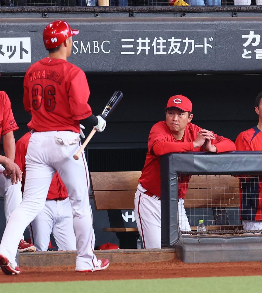 　９回、厳しい表情の新井監督（左は空振り三振を喫し、ベンチに戻る中村奨）＝撮影・中島達哉