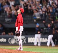 　１０回、田宮にサヨナラソロを浴び、天を仰ぐ栗林（撮影・中島達哉）