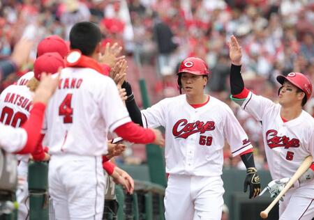 広島　一発攻勢で先輩を２でストップ　勝率５割復帰　初回に大盛が先頭打者弾　ファビアンは２打席連発　菊池にも一発　床田は５回１失点