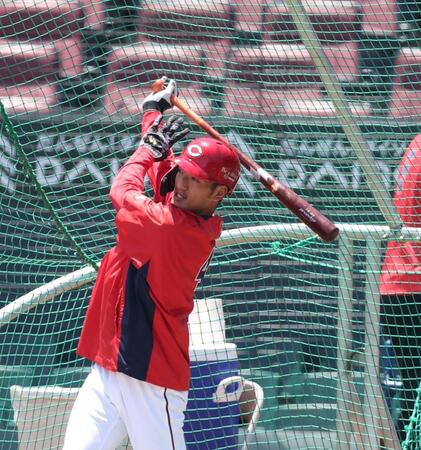 　打撃練習をする矢野（撮影・市尻達拡）